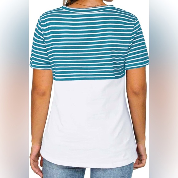 Women Summer Casual Short Sleeve Shirt, Turquoise stripe, 14W, NWOT - Picture 2 of 7